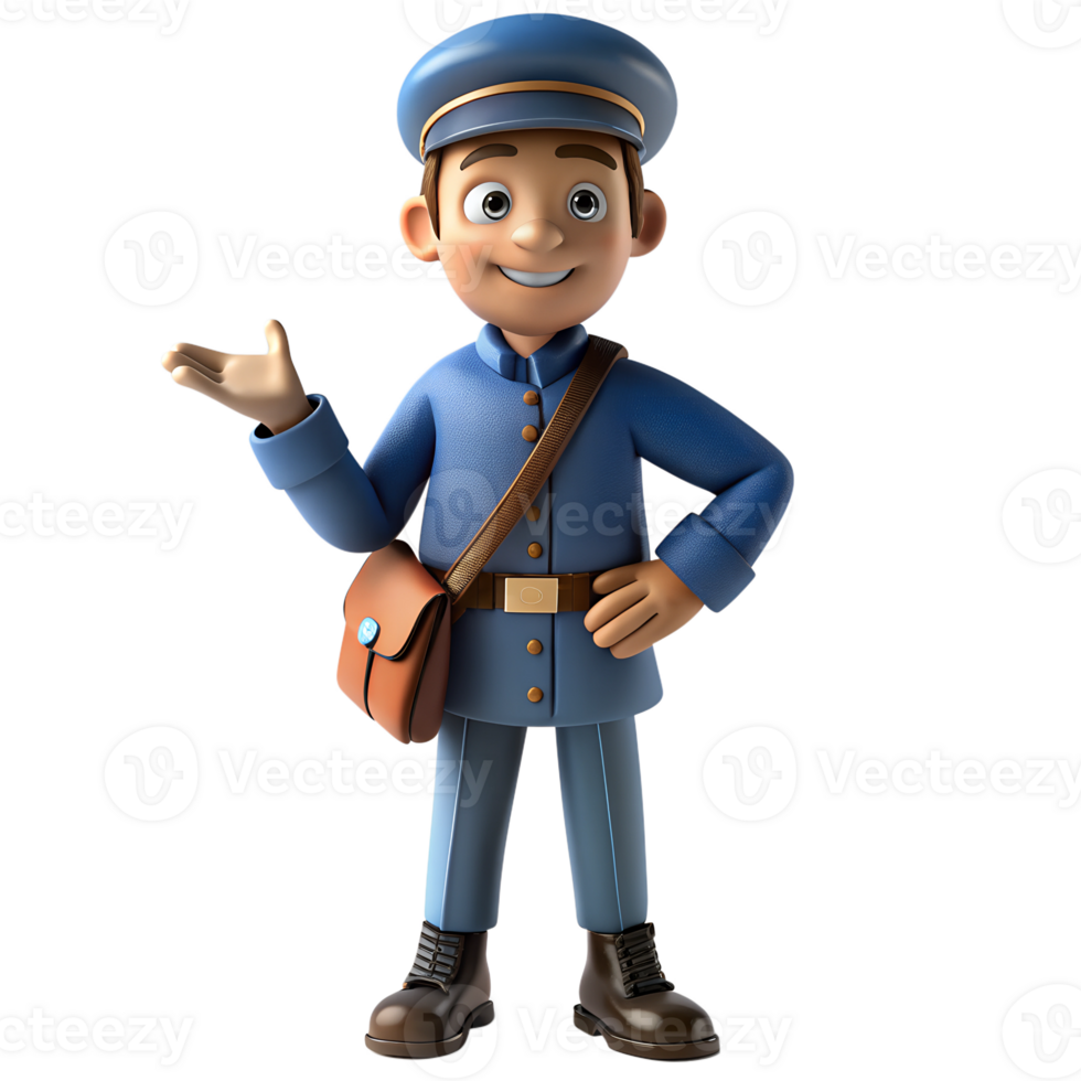 Cartoon 3D postman, character rendering presents a career in transportation. png