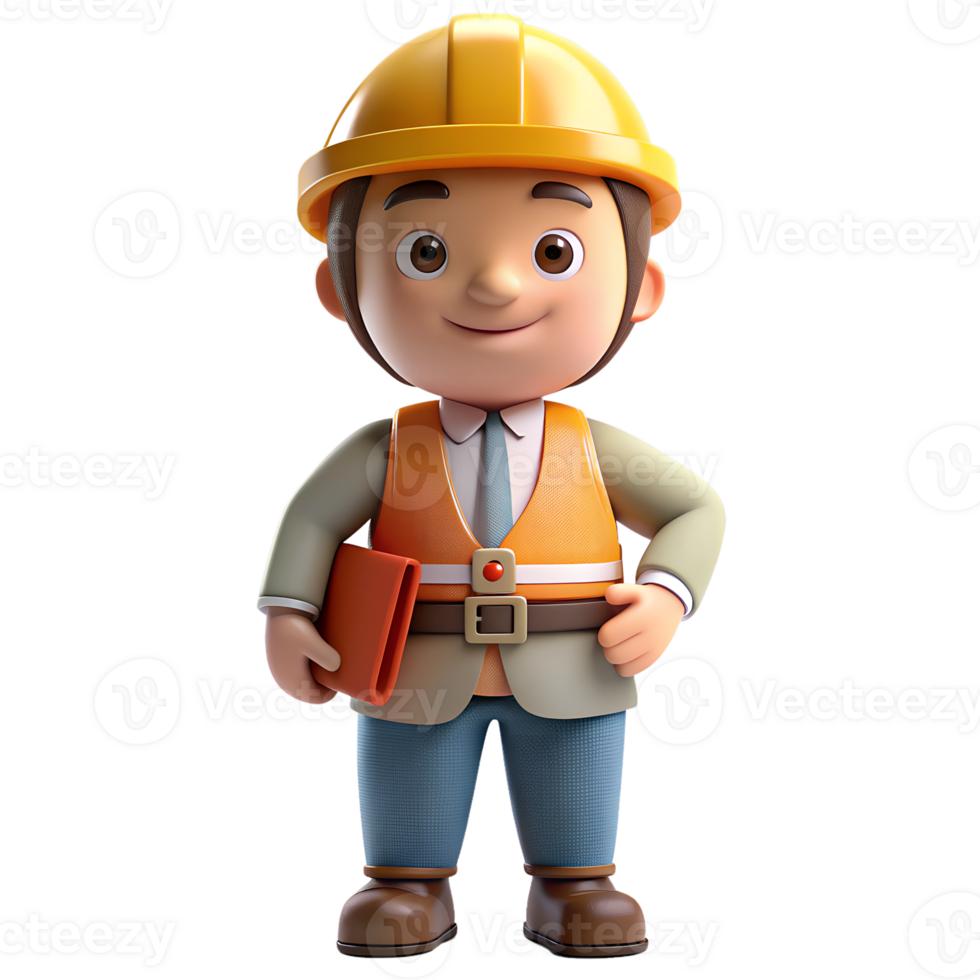 3D model Engineer Character in a Hard Hat and Safety Vest, Holding a Blueprint with Confidence, Ready to Design and Build Complex Structures with Precision and Expertise png