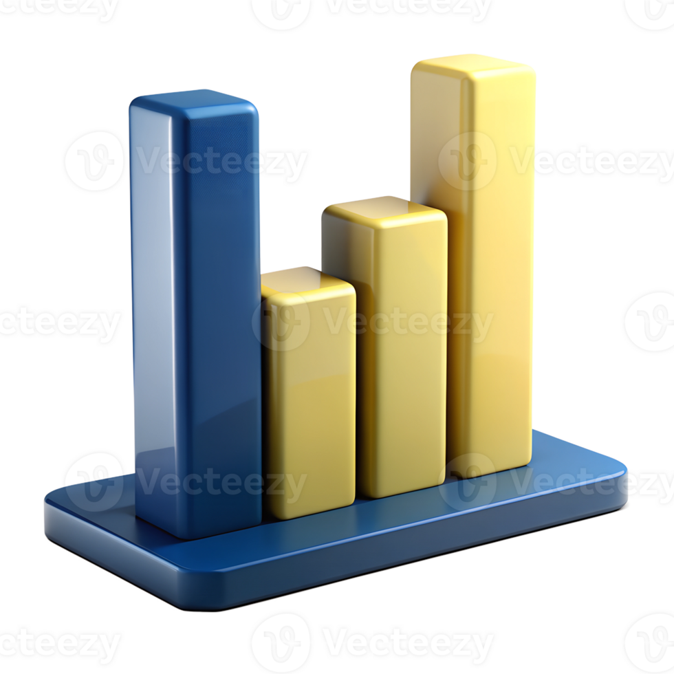 Blue 3D model bar chart for presenting business data with uptrend or downtrend in different time periods. png