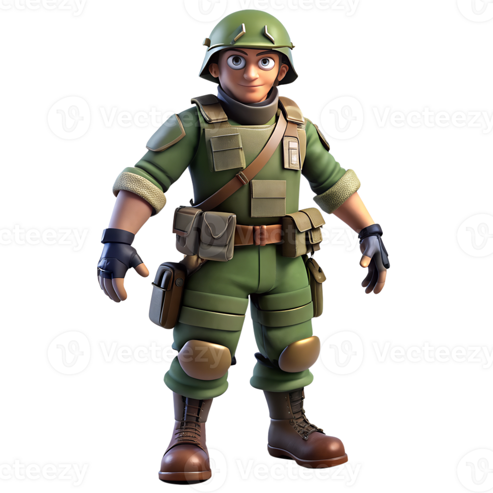 3D model of Soldiers. Animated Soldier Character Standing Confidently in Full Military Gear, Including Green Uniform, Helmet, Tactical Vest, Gloves, and Boots. png