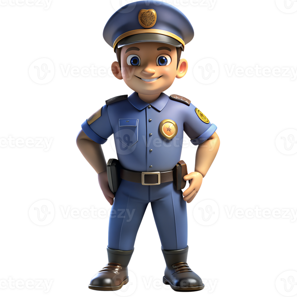3D model of a police character wearing a full uniform complete with helmet and officer equipment. png