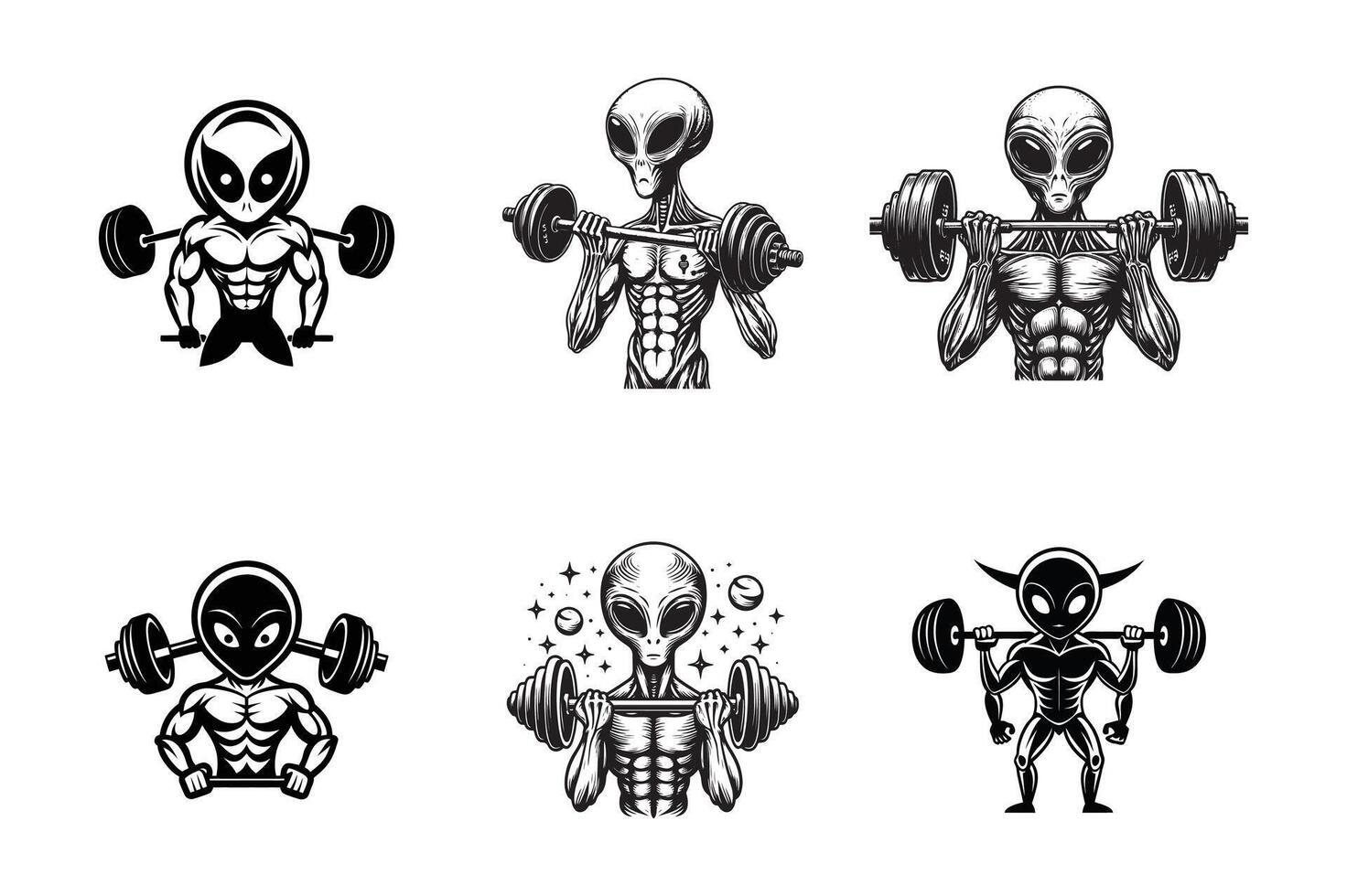 set of an alien body with a barbell that on hand , art illustration silhouette logo design vector