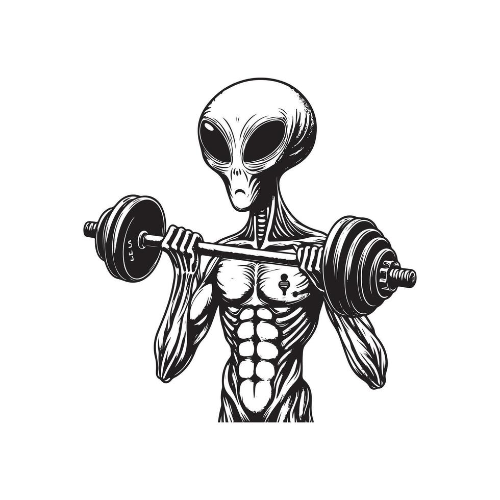 an alien body with a barbell that on hand , art illustration silhouette logo design vector
