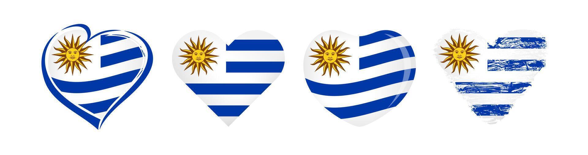 Collection of heart shaped labels with flag of Uruguay and isolated clipping mask. Uruguayan Independence Day celebrating element. Travel symbol. Welcome to Uruguay logo concept. T shirt graphic. vector