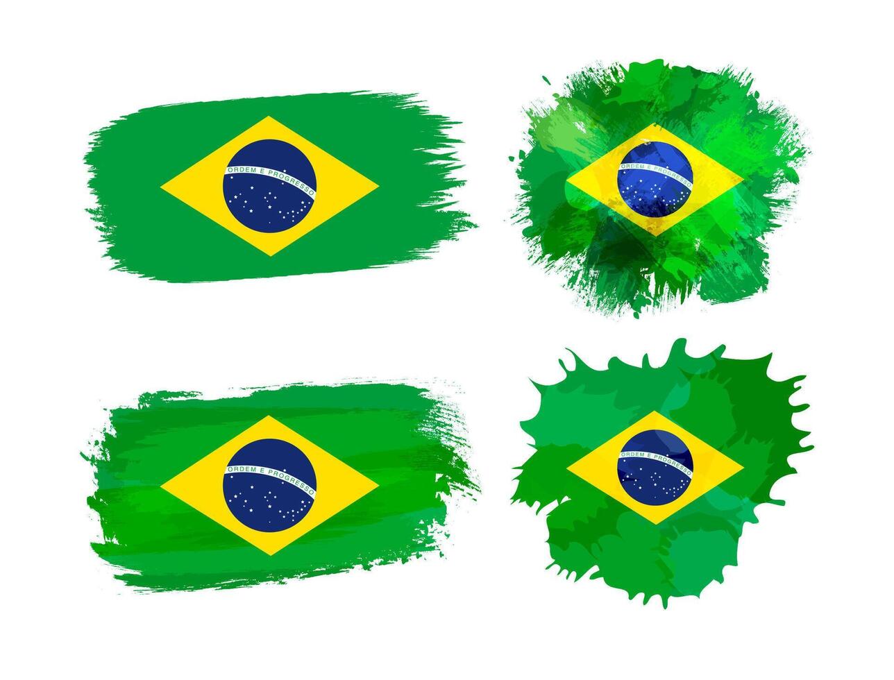 Brazil flag icons set in grunge style. Isolated staines with Brazillian flag and clipping mask. Clip art collection. Creative template with abstract spots. Branding identity concept. Brochure cover. vector