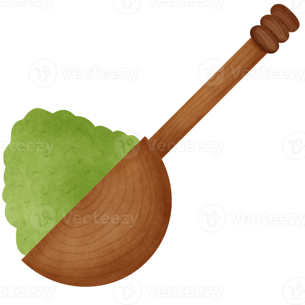 Matcha powder, green tea in wood spoon tea making equipment watercolor style hand drawn illustration png