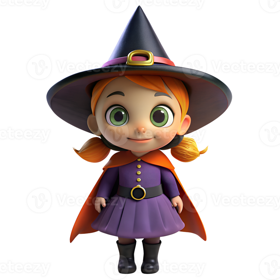 3D Model Cheerful Little Witch. charming young witch in a vibrant purple costume, complete with a wide brimmed hat and orange hair. Halloween character. png