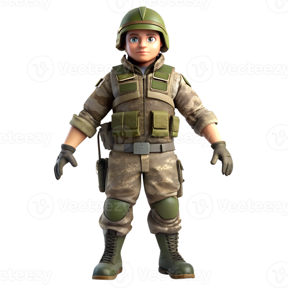Cartoon 3D Soldiers in Full Military Gear, Including Green Uniform and Helmet. Ready for Action with a Determined Expression png