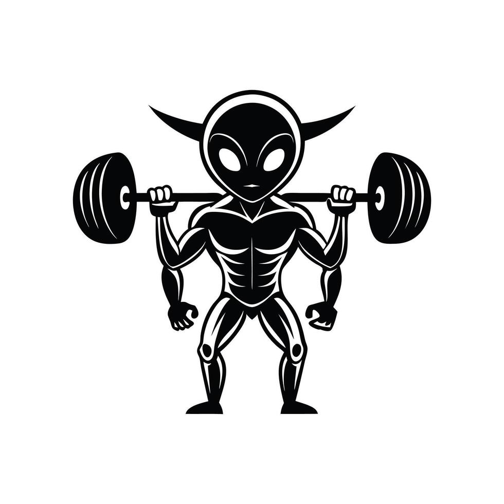 an alien body with a barbell that on hand , art illustration silhouette logo design vector