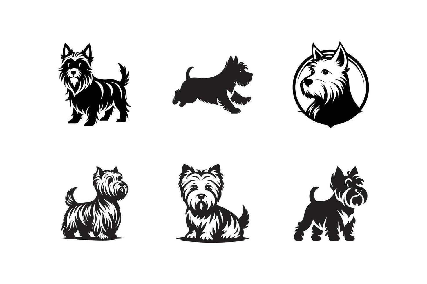 set of West Highland Terrier dog , silhouette design black and white vector