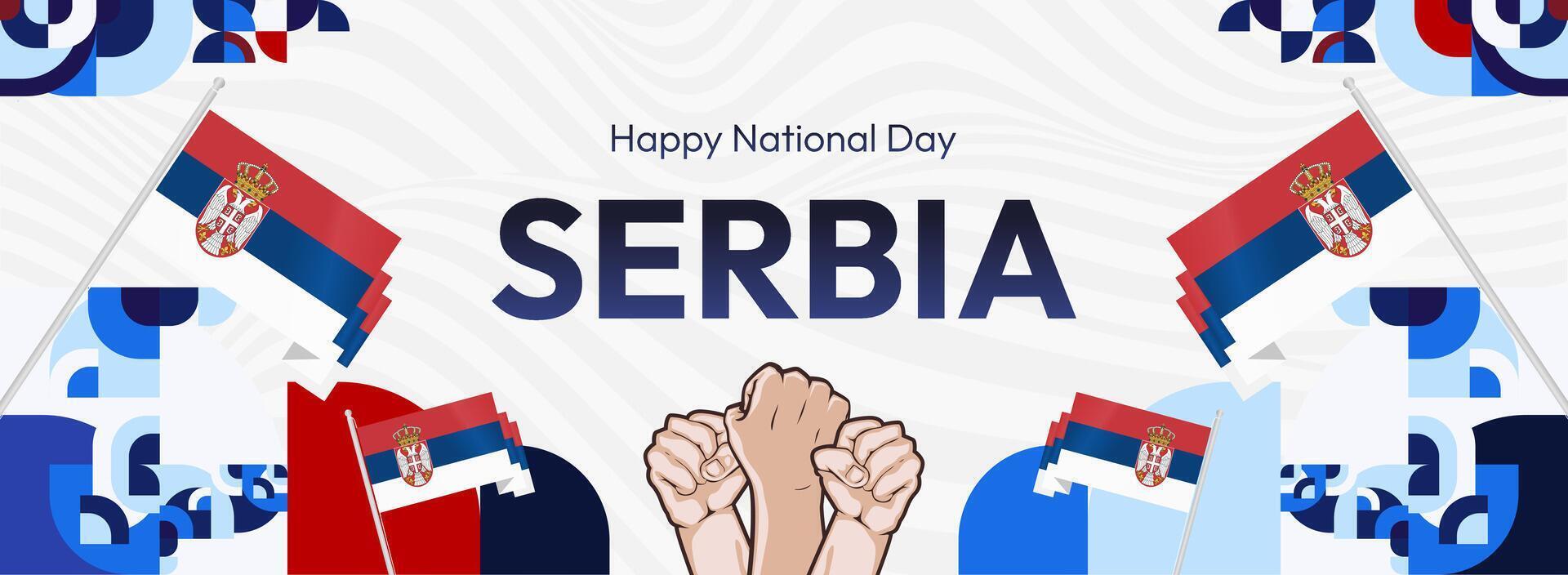 Serbia National Day Banner in creative geometric style. Wide banner suitable for independence greeting card and more event backgrounds with Serbian flag. 15th February. Happy Statehood Day of Serbia vector