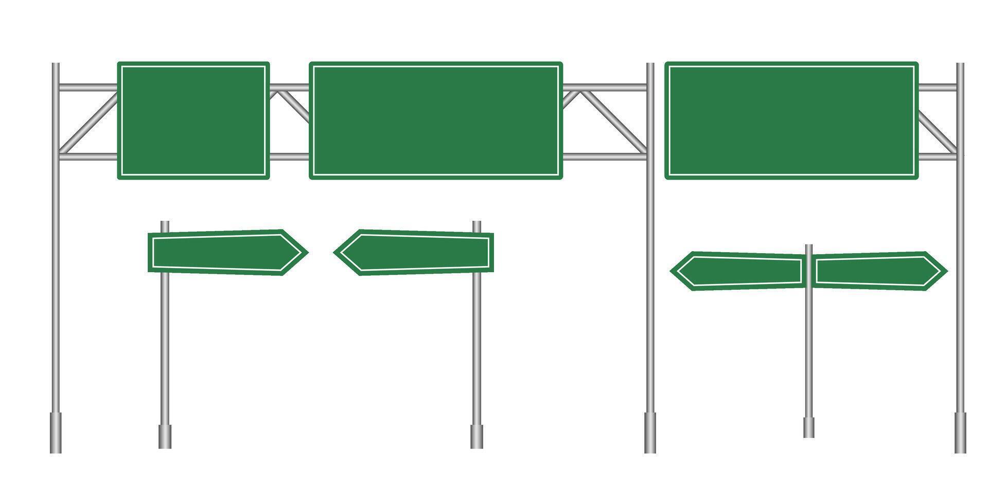 Set of blank green road sign. Empty traffic signs isolated background. Highway attention road sign collection. vector