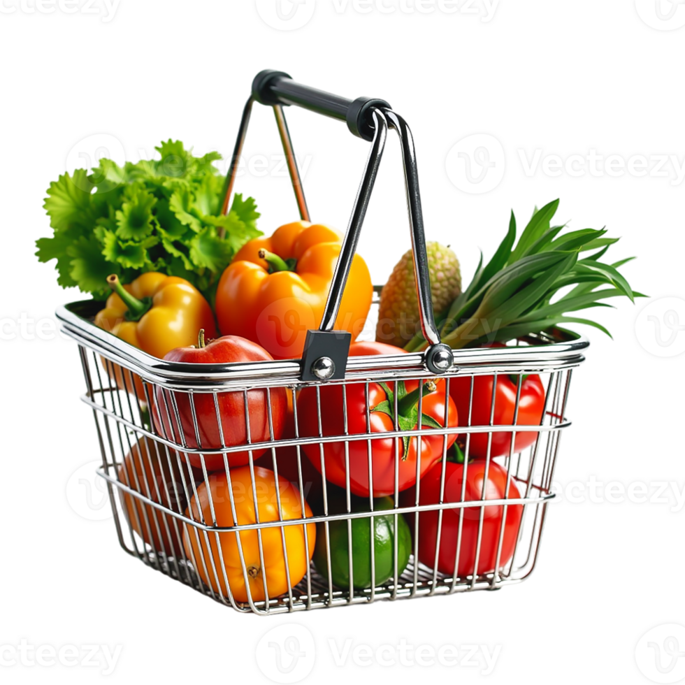 A shopping cart filled with vegetables and fruits. The cart is black and red. The vegetables include broccoli, tomatoes, and peppers png