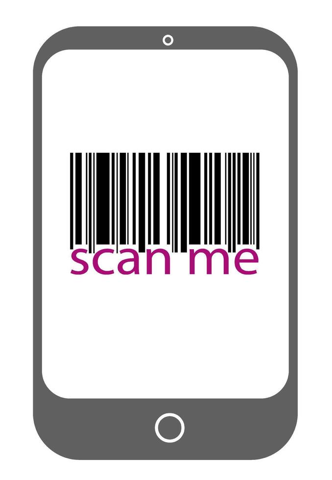 Image of a smartphone screen displaying a barcode with scan me text underneath. Minimalistic graphic style with a white background. Concept of barcode scanning. illustration vector