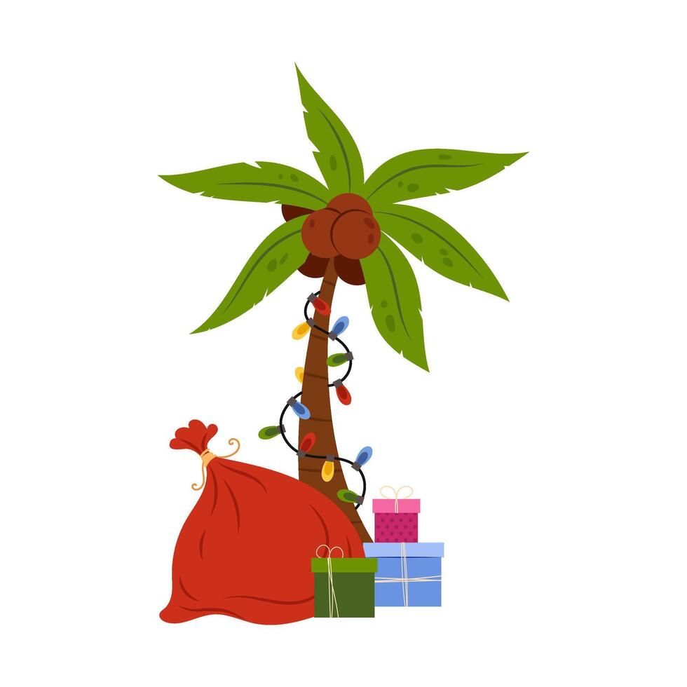 Tropical Christmas. Christmas palm tree. Santa's sack of presents under a palm tree. Festive garland on a palm tree. Flat style illustration. vector