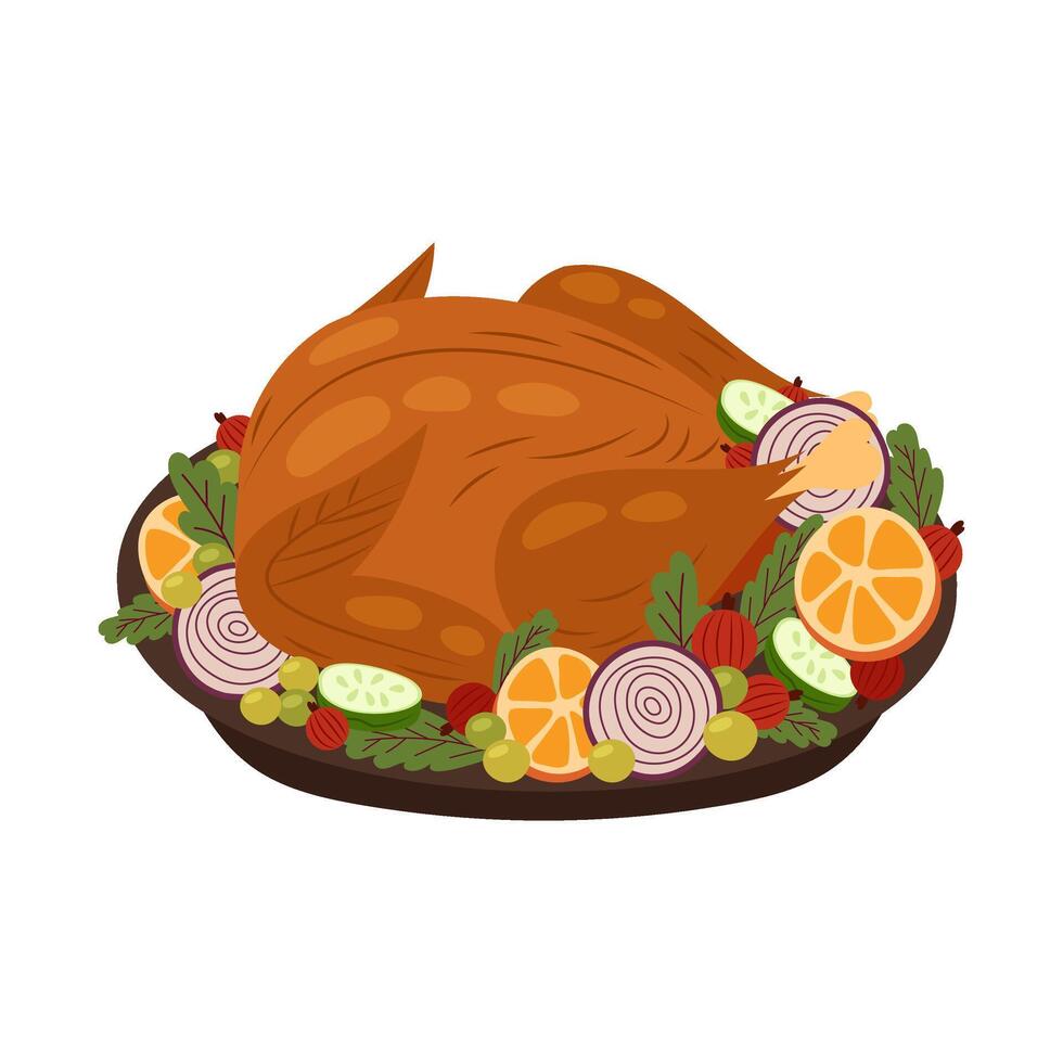 Roast poultry on a platter with oranges. Roast chicken, duck or turkey in flat style. A festive dish on a white background. vector
