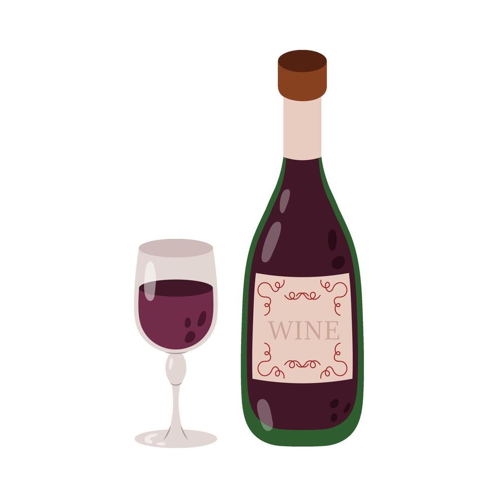 Red wine in a bottle and a glass glass. Grape wine in a glass. Flat illustration on white background. vector