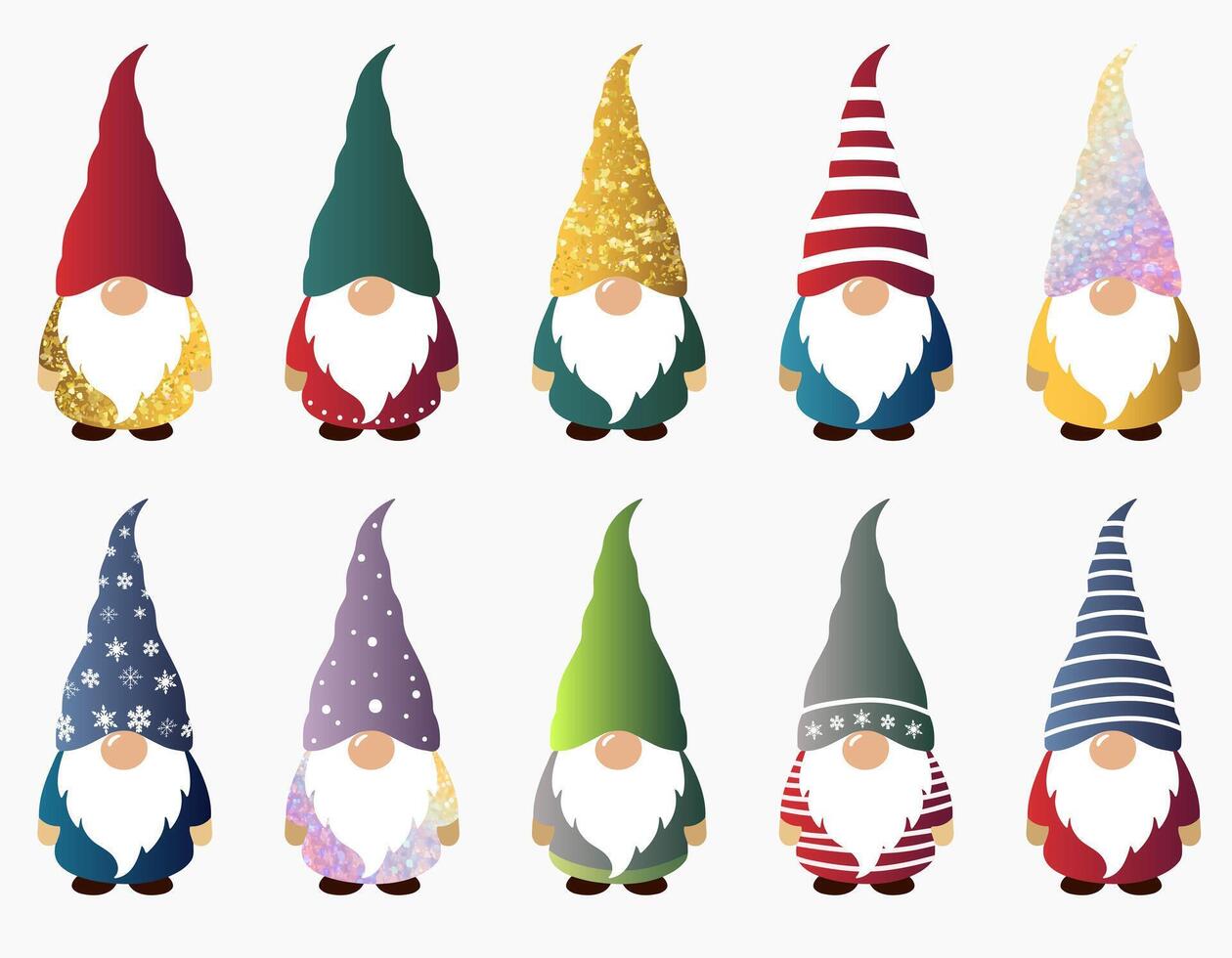 Chrismas gnomes collection. Cute elf. Winter characters gnomes. Golden hats. Merry Christmas elements. vector