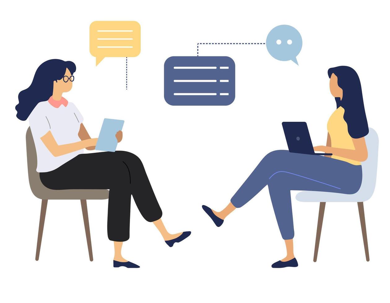 Two girls work together and discuss their tasks in front of their gadgets. Flat style illustration. Business people. vector