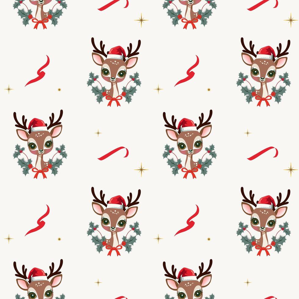 Winter seamless pattern with cute reindeer in a hat. Xmas patterns. Christmas backgrounds. New year decorations. vector