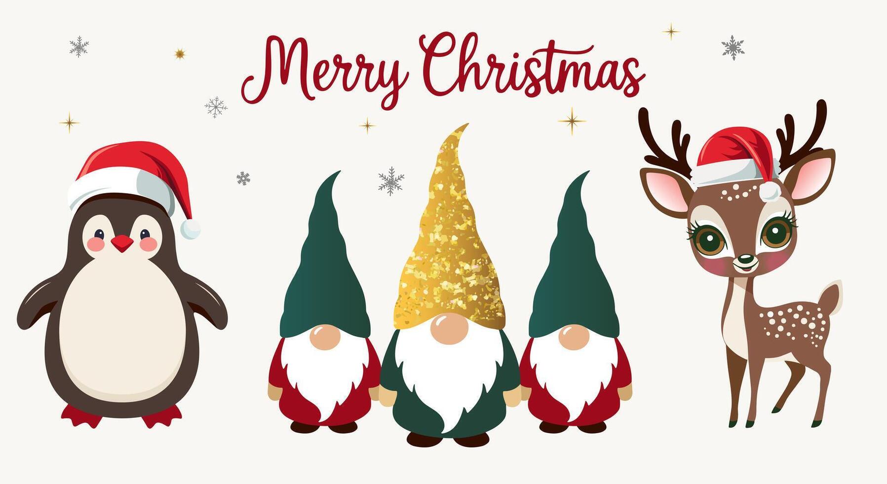 Winter characters set. Merry Christmas set with penguin, deer in hat, gnomes. For banner, card, package. vector