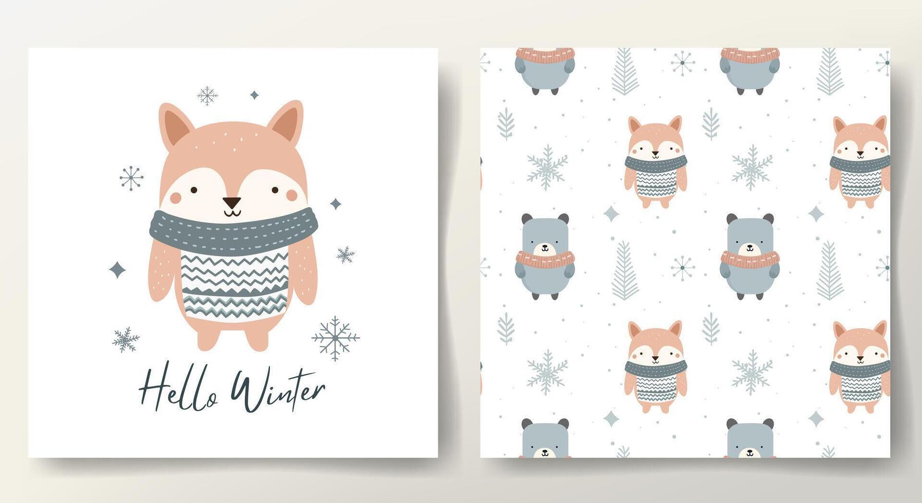 Hello winter card and seamless pattern with cute fox, snowy trees, bear. Christmas template. Winter animals. vector