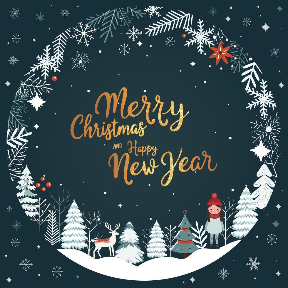 Christmas card, frame with snowflakes, trees and golden lettering. Winter concept in scandi style. New year, Merry Chrisrmas poster vector