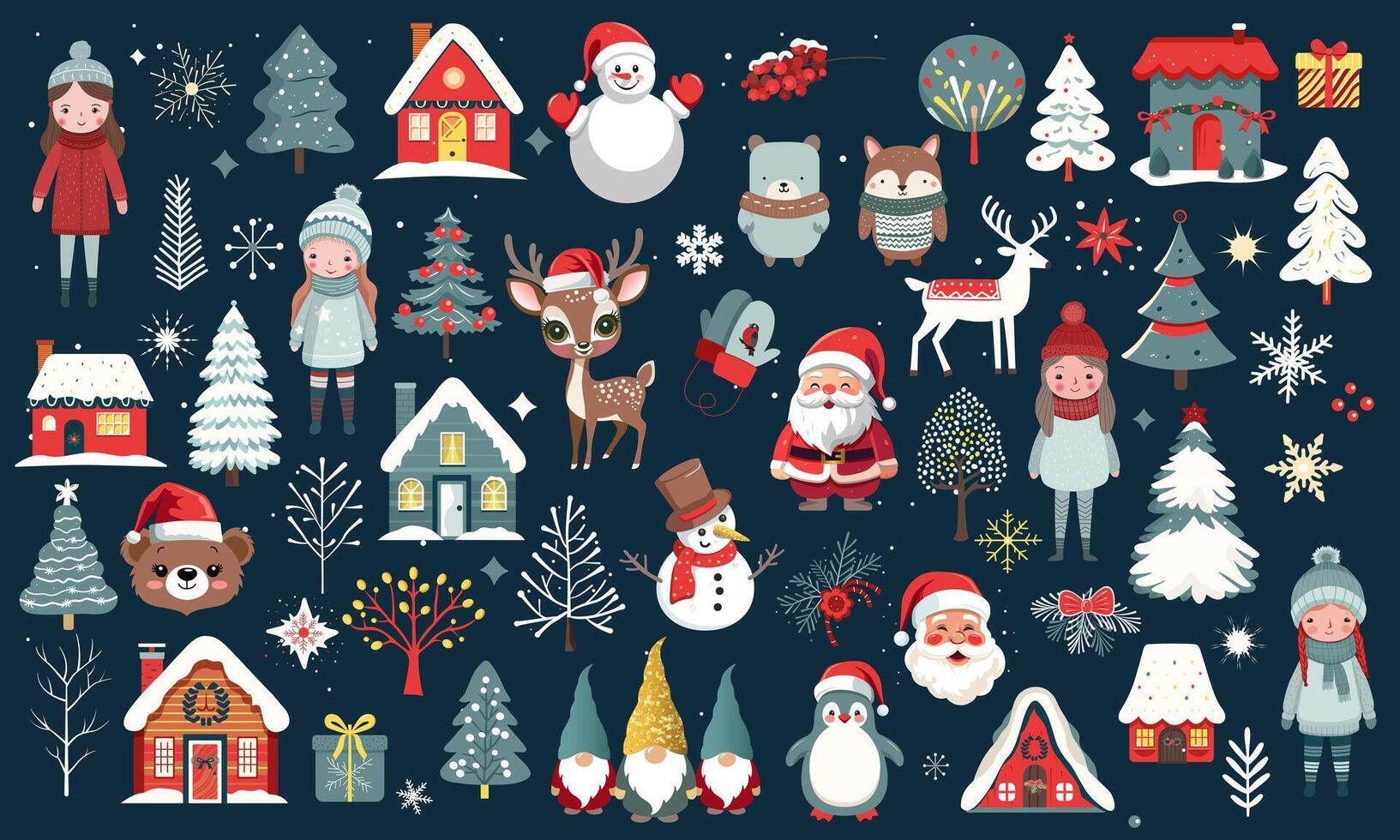 Big set of cute christmas elements. Winter characters. Merry Christmas set with Santa, animals, gnomes, houses, snowy trees, girls, deer. For banners, cards. vector
