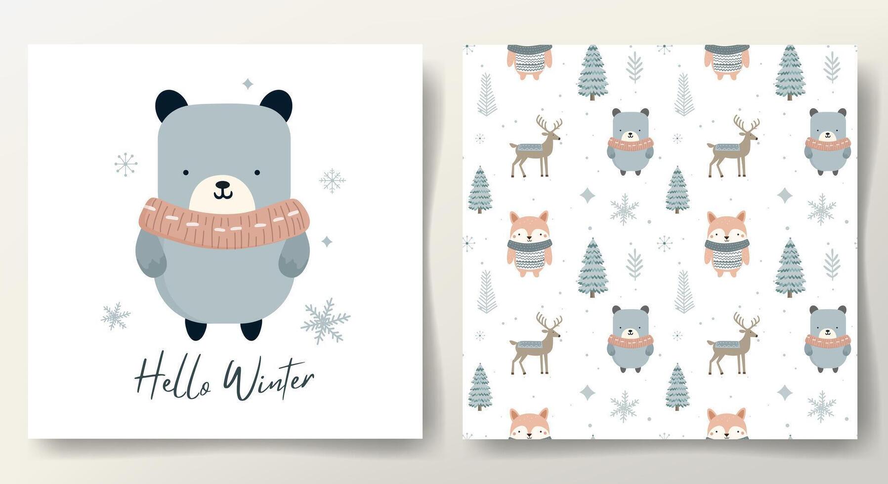 Hello winter card and seamless pattern with cute polar bear, snowy trees, fox. Christmas template. Winter animals. vector