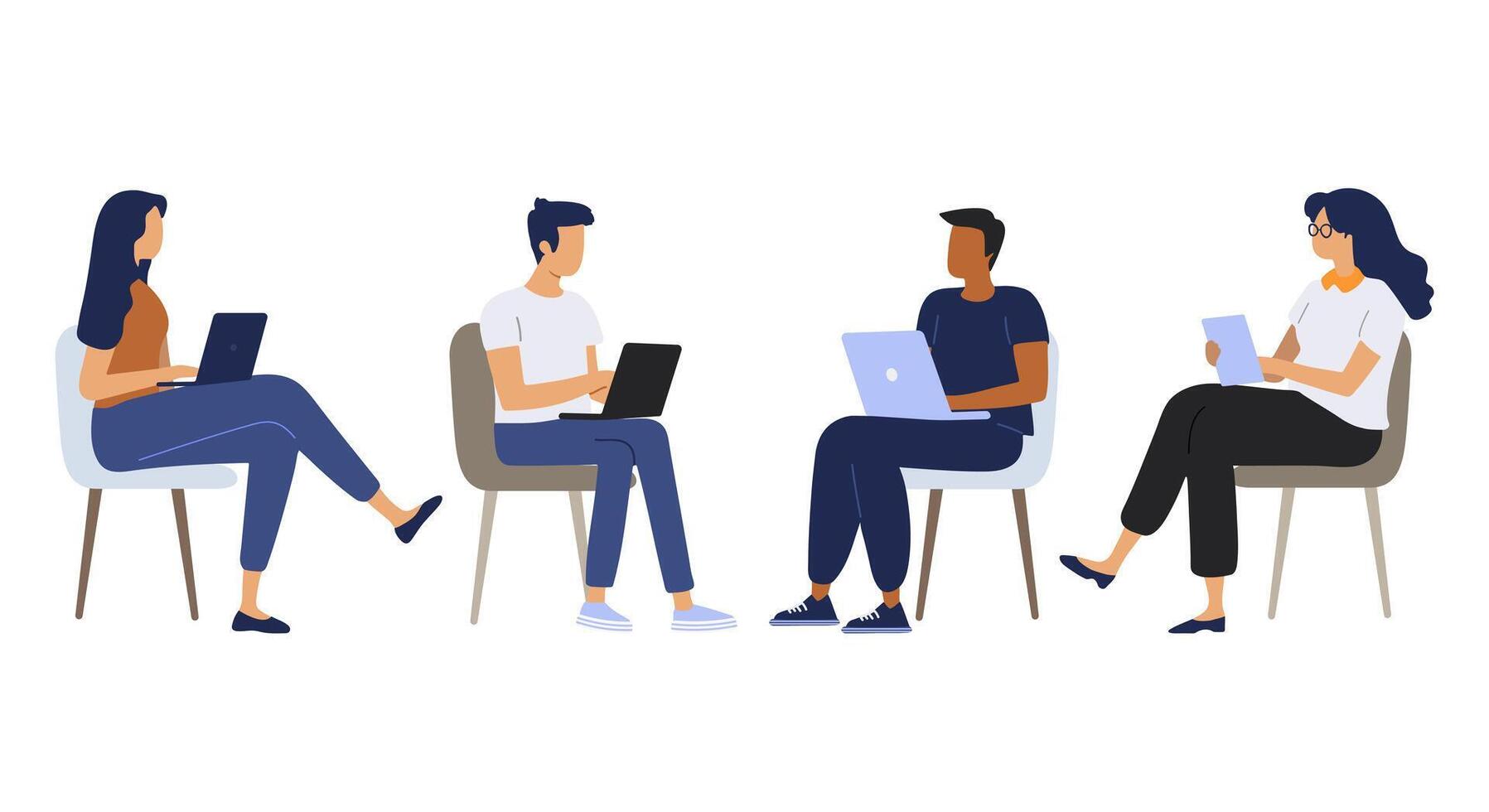 Set of isolated people with computers. Men and women with laptops sitting, online business communication. Office life of business people. Flat illustration vector