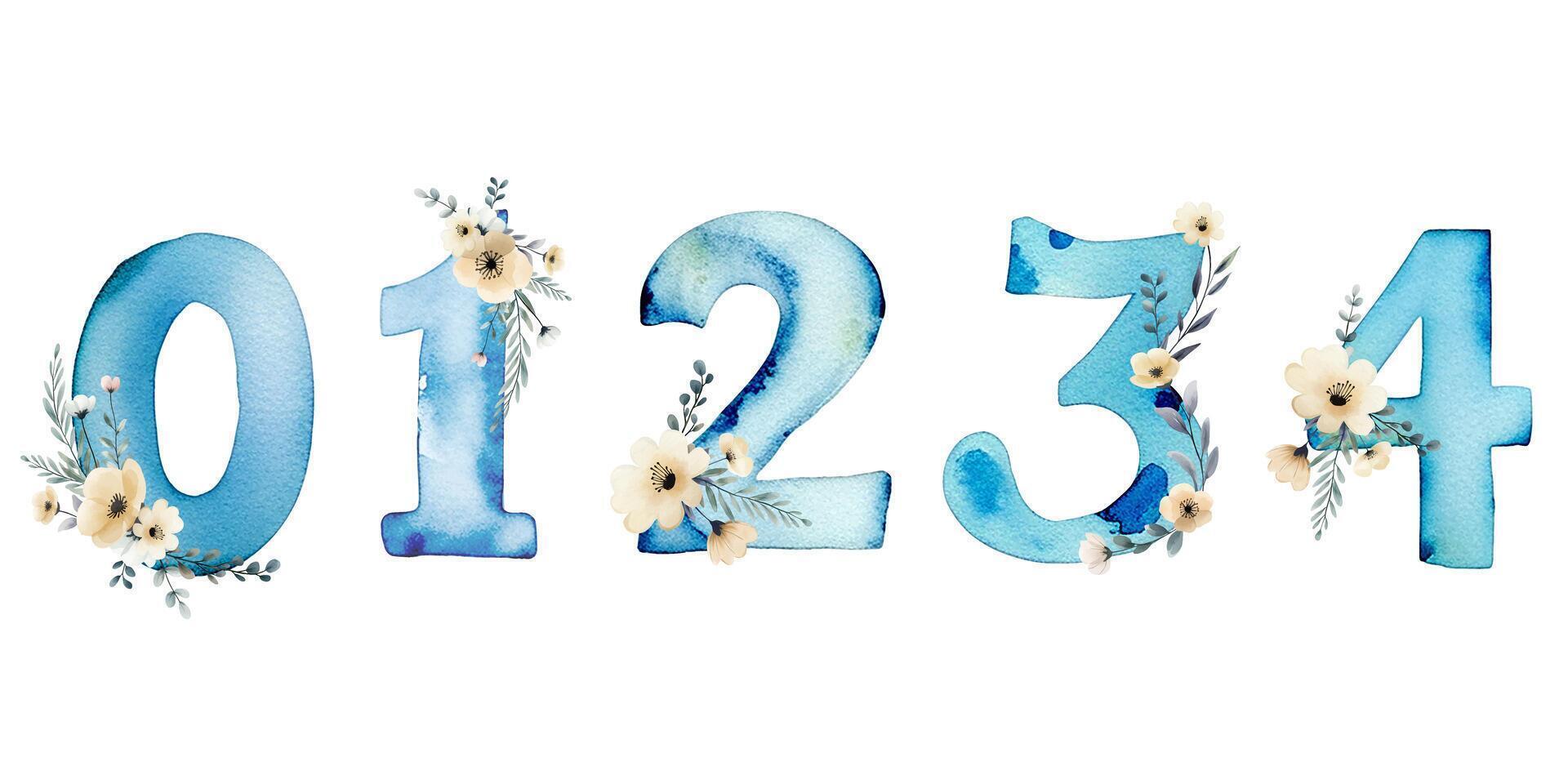 Set of blue watercolor numbers with delicate flowers. Hand painted watercolor numbers. Numbers 0 1 2 3 4. vector
