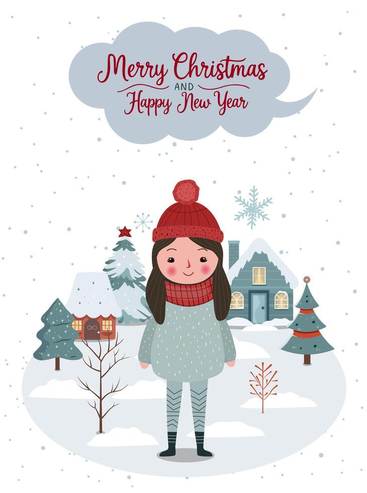 Hand drawn winter poster with cute girl, trees, houses, lettering. Winter christmas illustration. Wintry scenes. vector