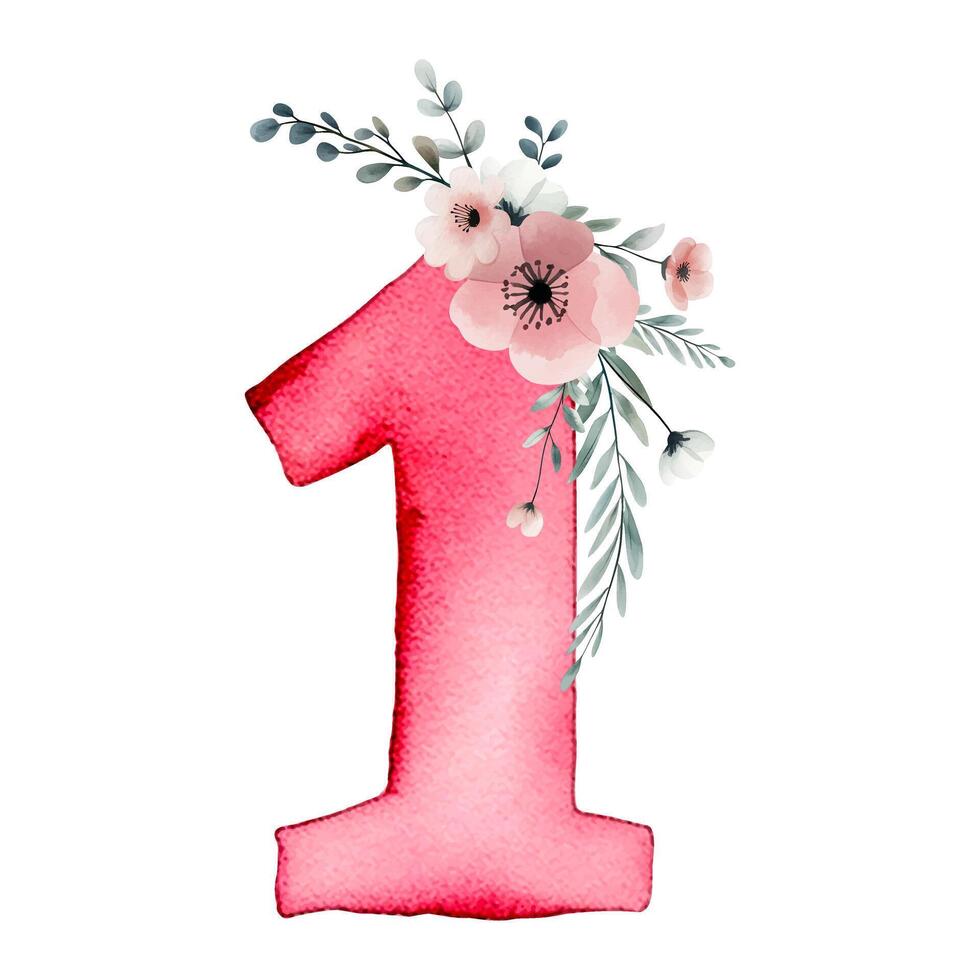 Hand drawn watercolor number 1 with delicate flowers. Pink painting of the number one. vector