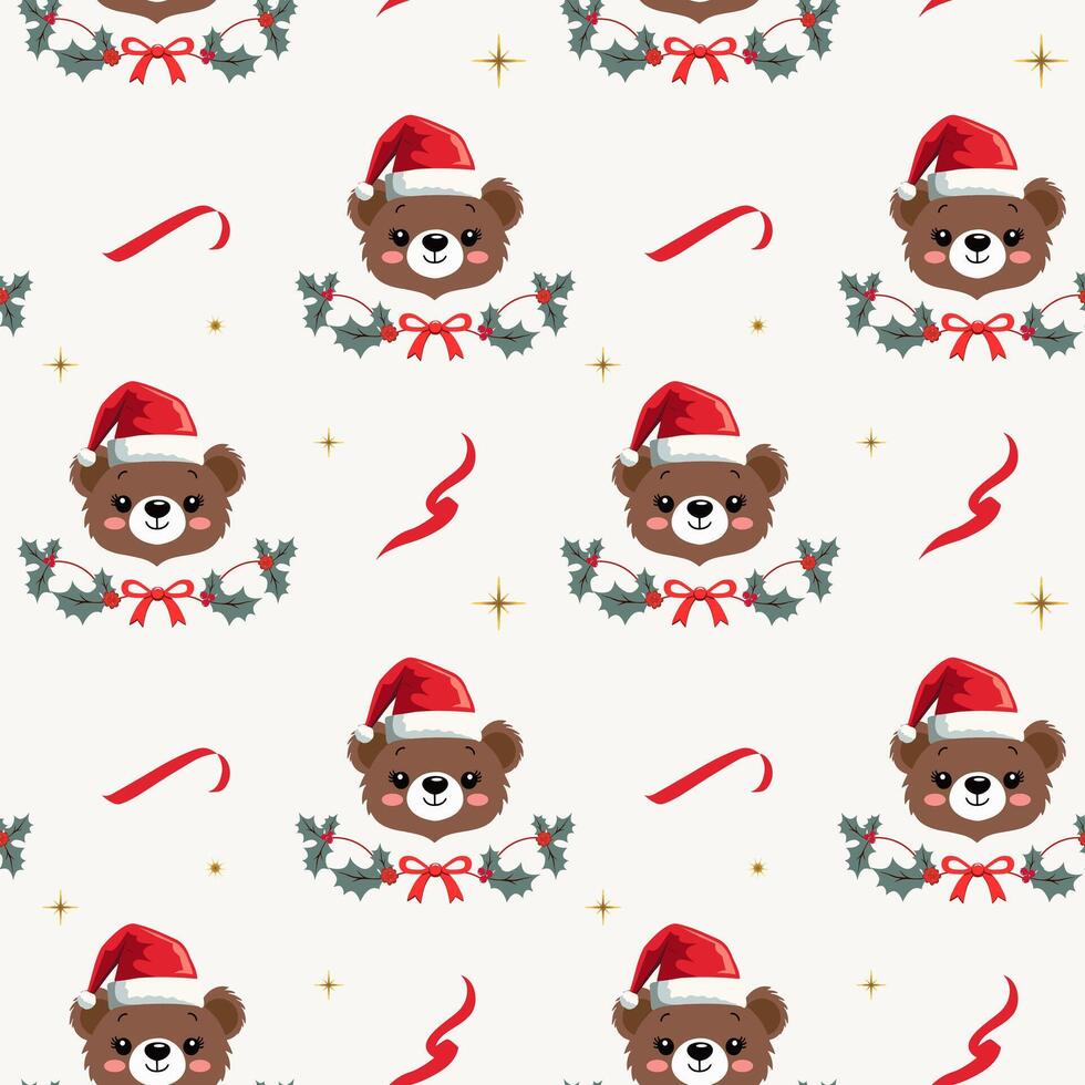 Winter seamless pattern with cute teddy bear in a hat. Xmas patterns. Christmas backgrounds. New year decorations. vector