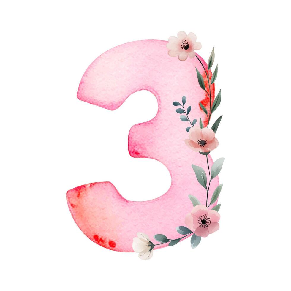Hand drawn watercolor number 3 with delicate flowers. Pink painting of the number three. vector