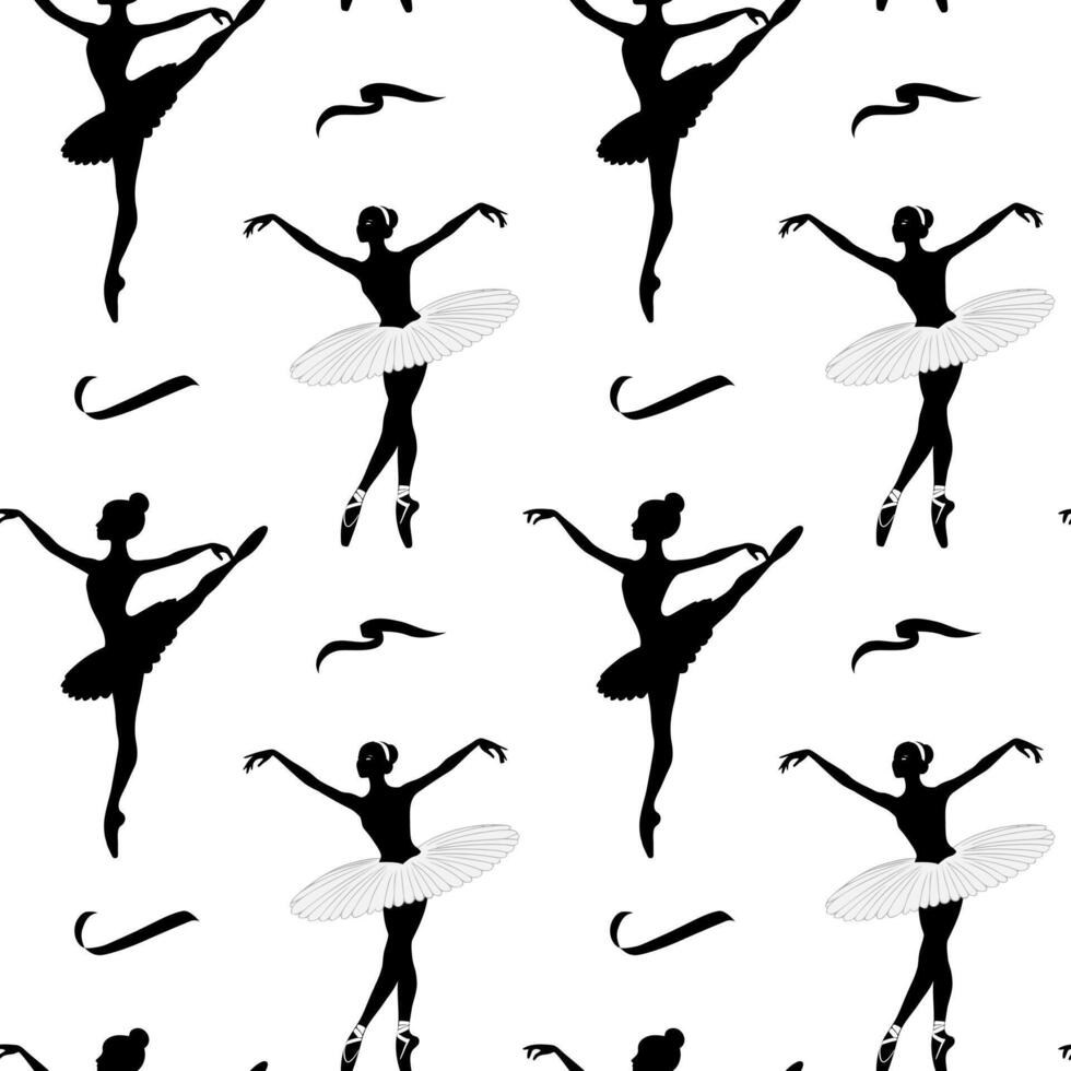 Seamless pattern with silhouettes of ballerinas on a white background. Ballerinas in a tutu. Dance background. Ballet dancing vector