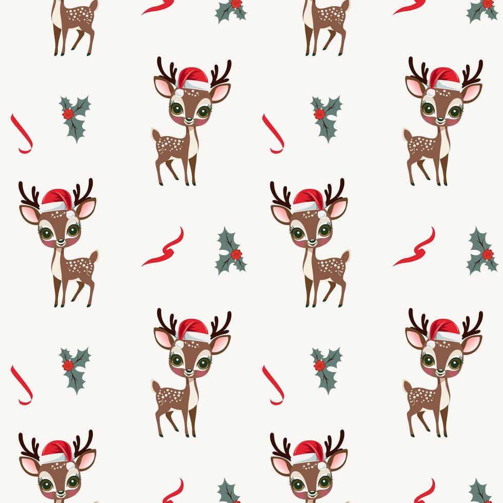 Winter seamless pattern with cute reindeer in a hat. Christmas backgrounds. New year decorations. Cartoon xmas pattern. vector