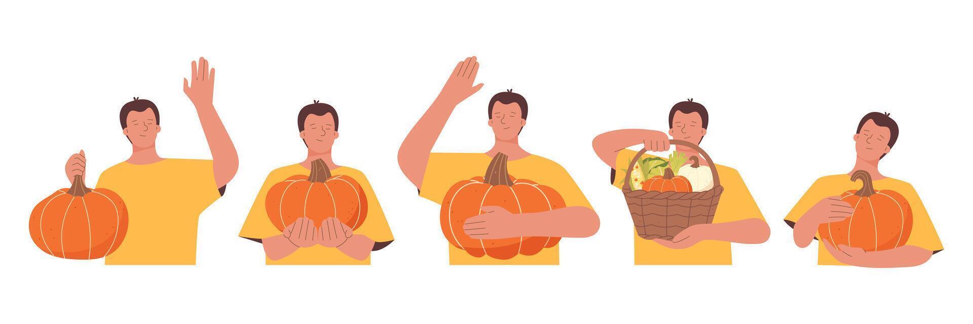 harvest people. 5 men are holding vegetables in their hands vector