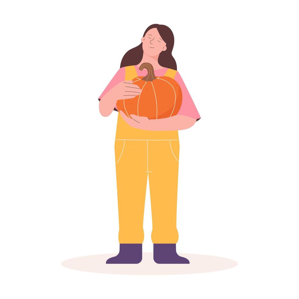 Harvest people. Woman in a work uniform holds a pumpkin in her hands vector
