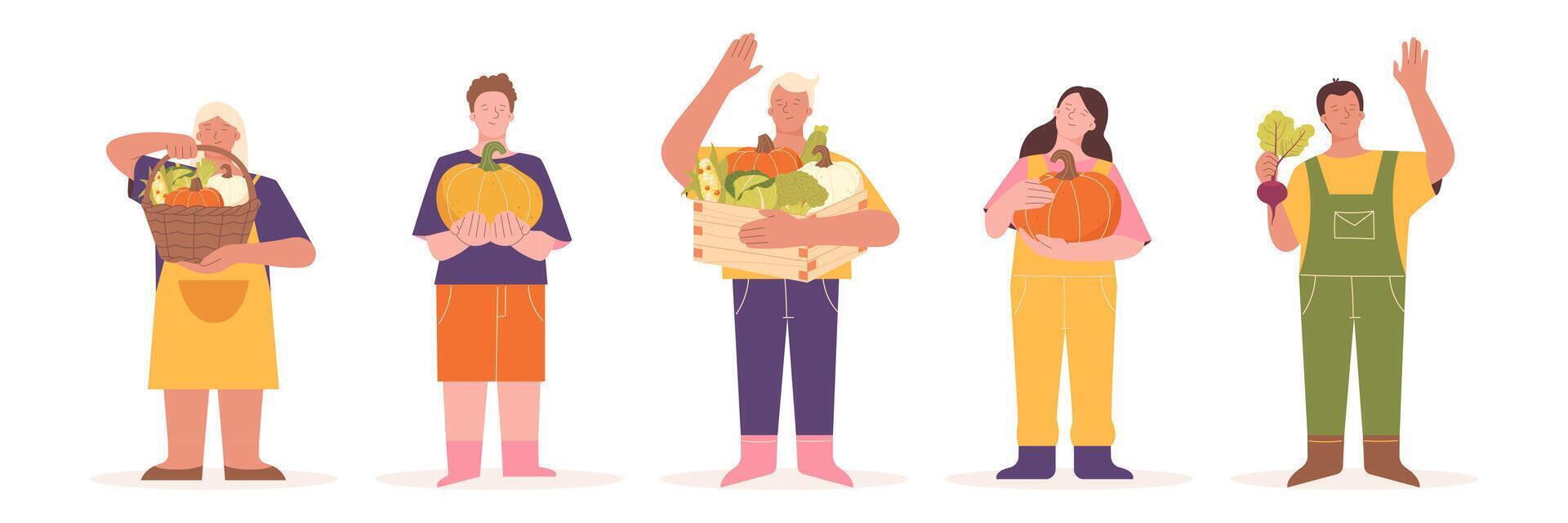 harvest people. People are holding vegetables in their hands vector