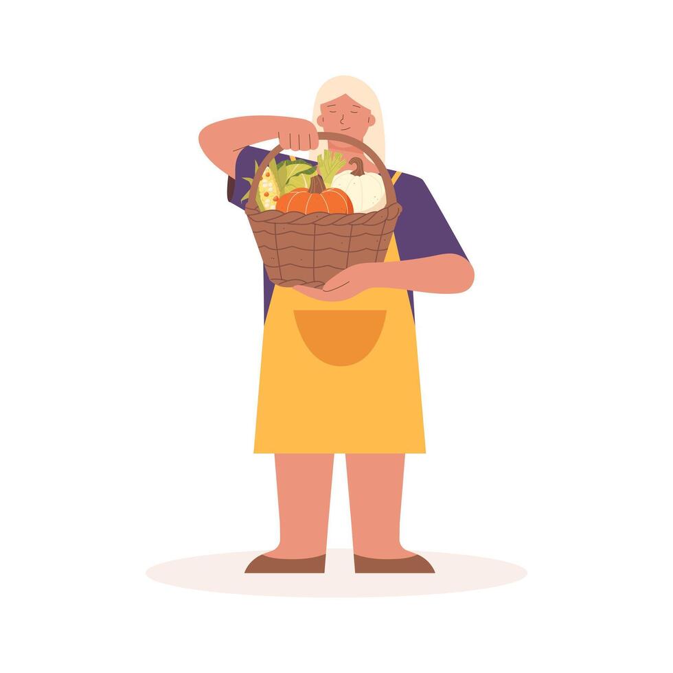 Harvest people. Woman in work clothes stands with a basket of vegetables in her hands vector