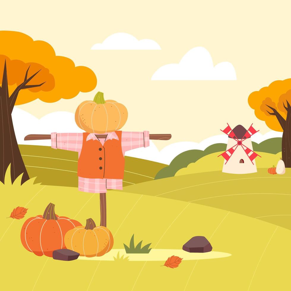 harvest festival background. Field. Autumn background. Scarecrow, pumpkins in the field vector