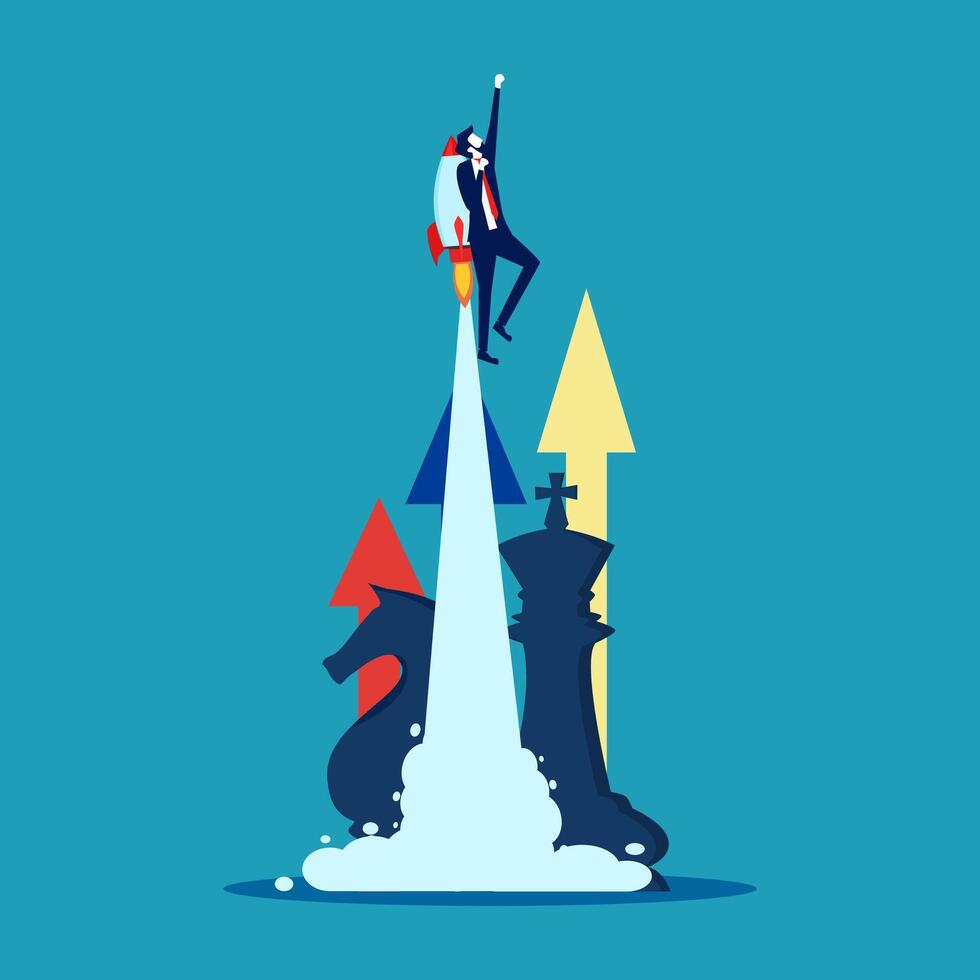 businessman on rocket with arrows and chess pieces vector