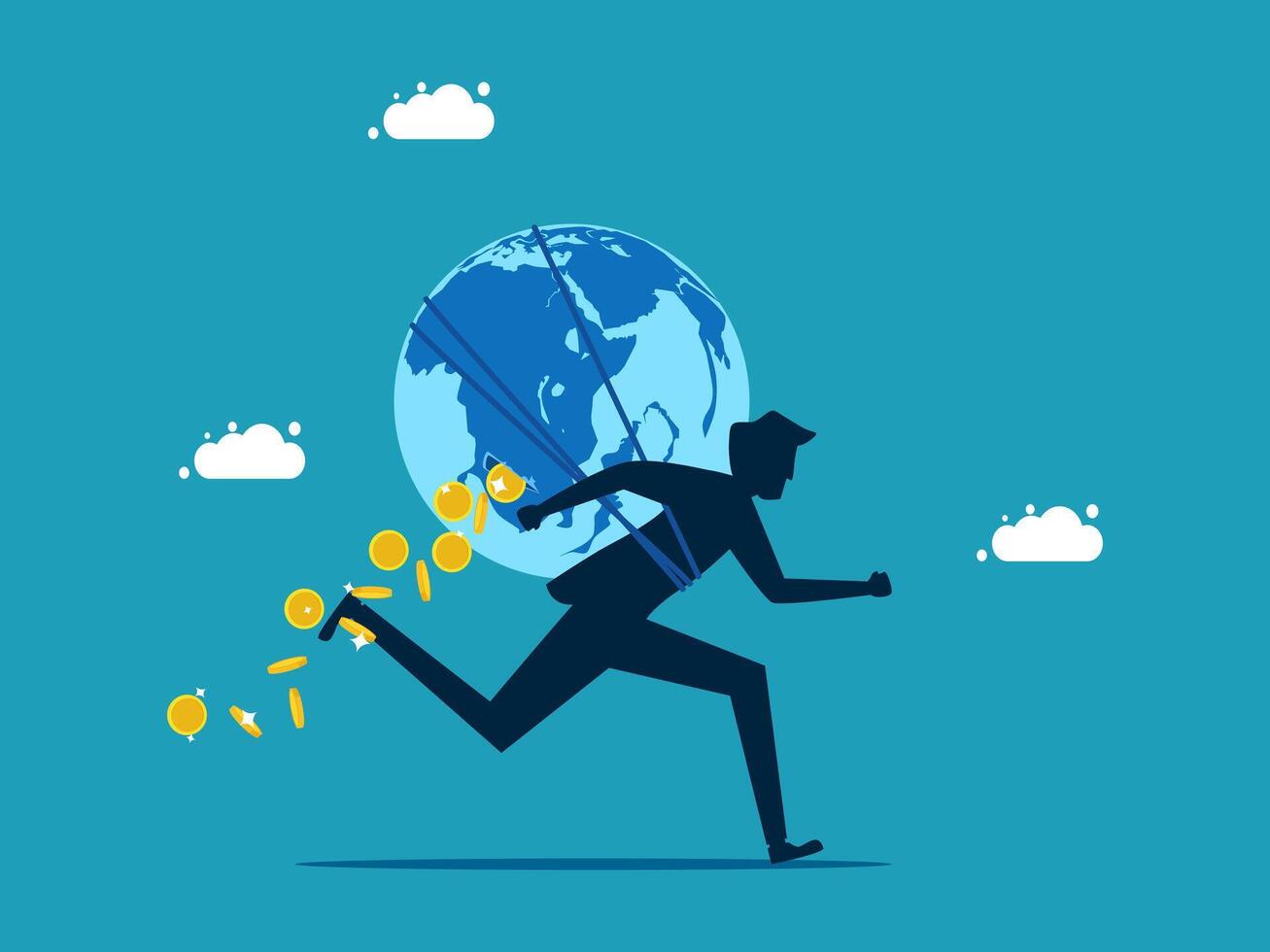 businessman running with money and globe on blue background vector