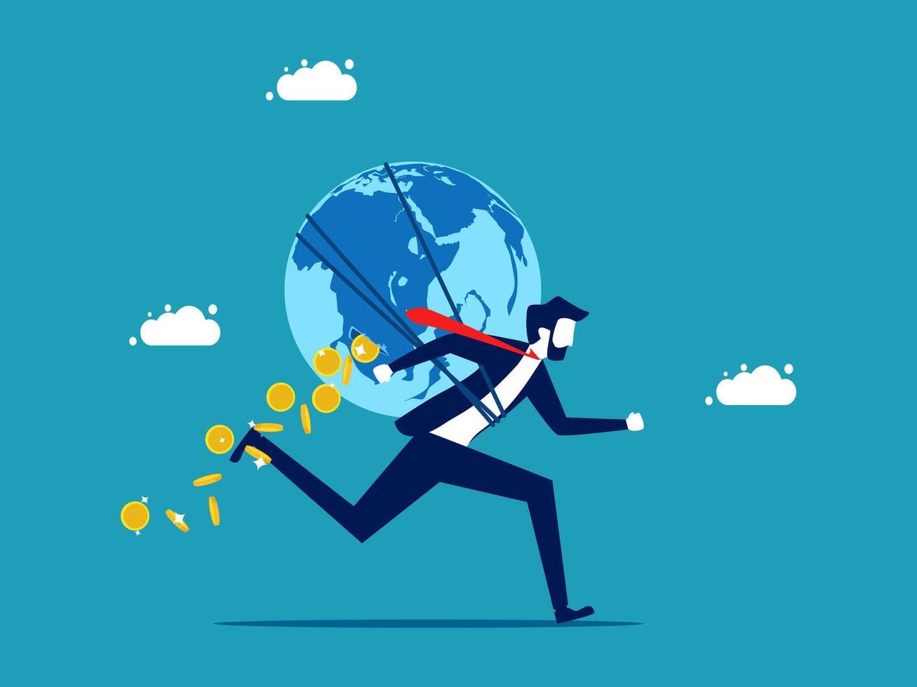 businessman running with money and globe on blue background vector