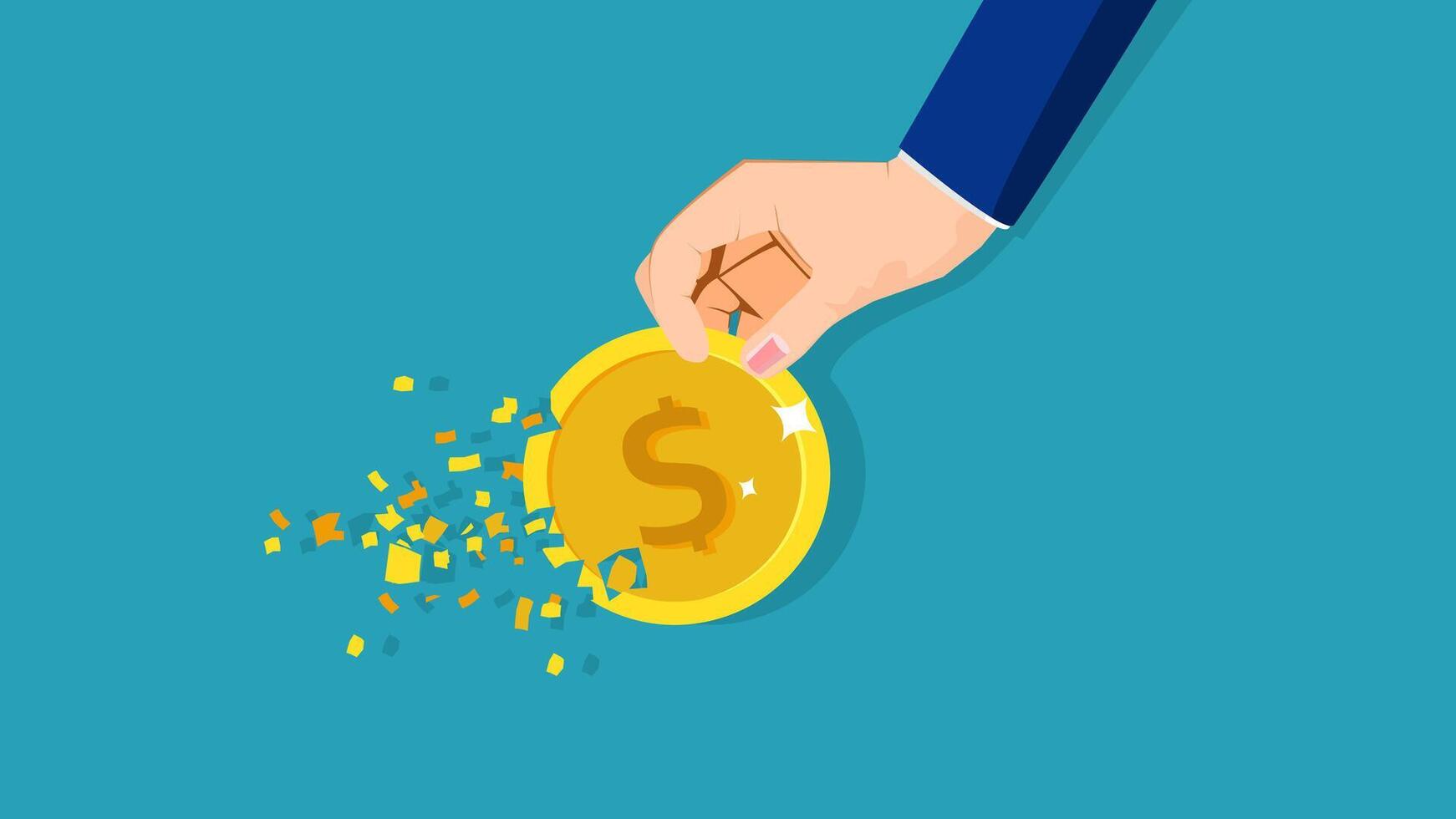 a hand is holding a coin and throwing it into the air vector