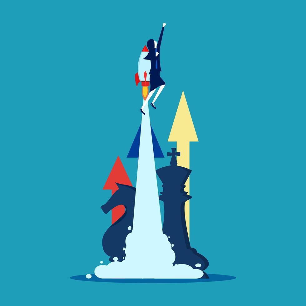 businessman on top of a rocket with arrows and chess pieces vector