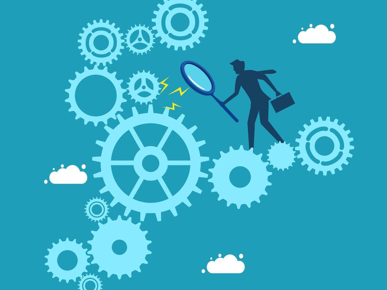 businessman walking through gears with magnifying glass vector