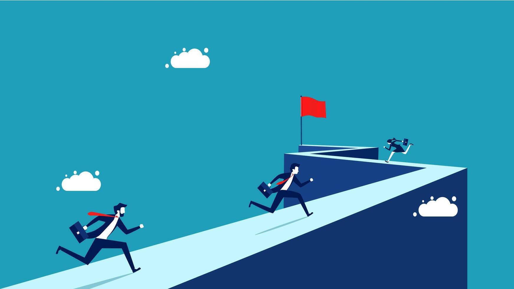 businessman running to the top of the hill with a red flag vector