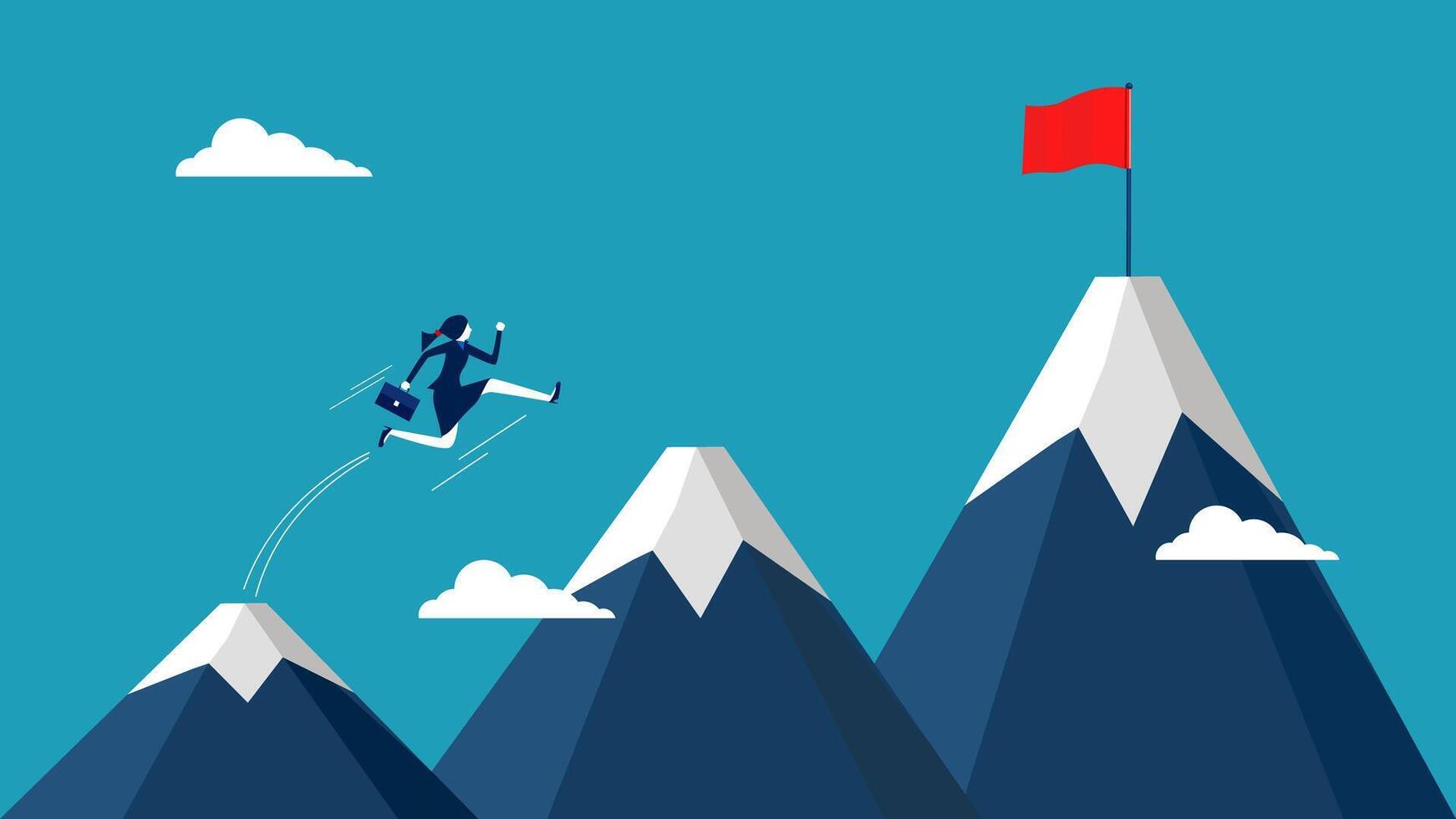 busineswosman flying over mountain with red flag on top vector